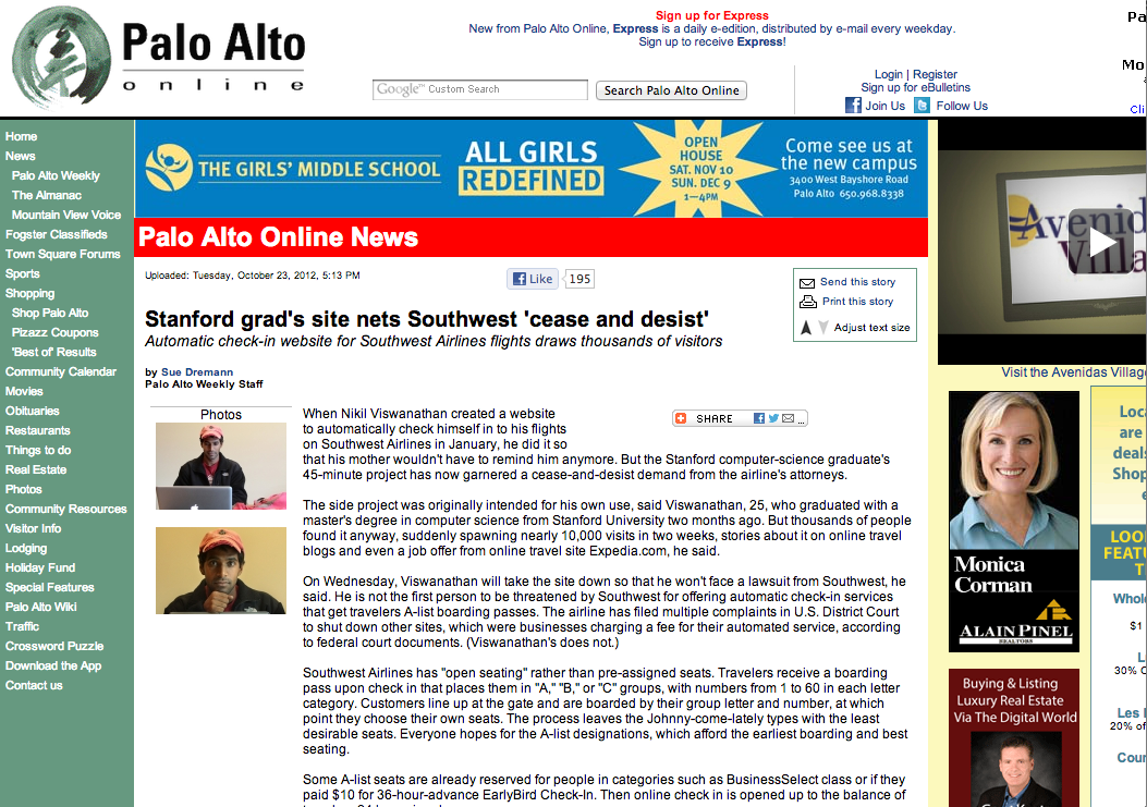 Check In To My Flight on Front Page of Palo Alto Online